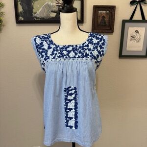 J.MARIE | Blue and White Stripe Embroidered Women's Top Size Small